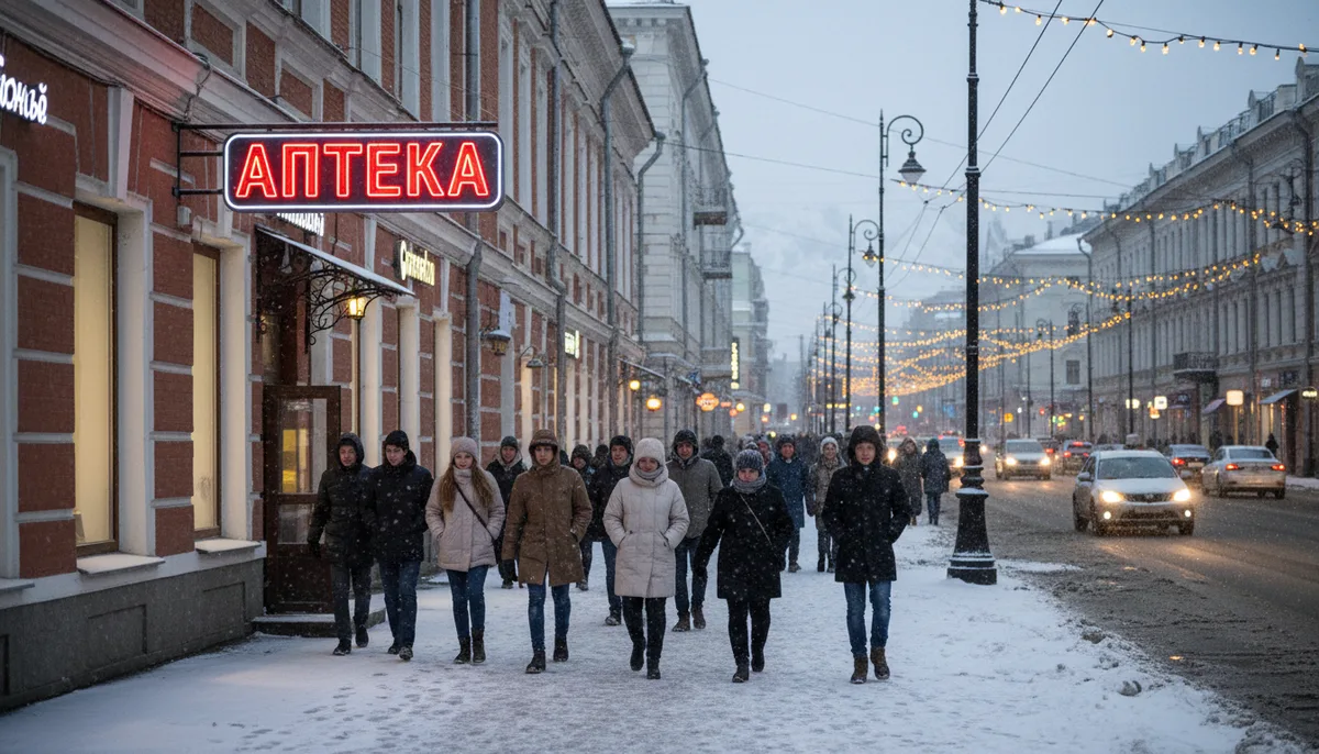 Городская улица Екатеринбурга зимой, аптечная вывеска, прохожие в тёплой одежде, вечерние огни