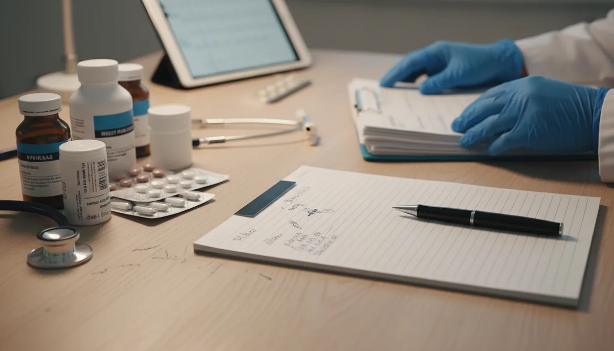 врачебный стол, медицинские препараты, блокнот с записями, руки специалиста